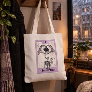 The Reader Tarot Skeleton Design Tote Bag | Gothic Book Lover