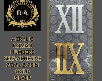 May include: Two self-adhesive acrylic Roman numeral stickers. The number XII is silver and the number IX is gold. Each sticker is 7 cm (2.75 inches) tall.