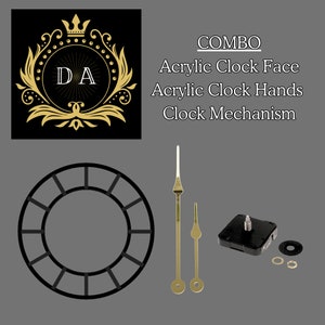 Puede incluir: Un kit de fabricación de relojes con una esfera de reloj negra, agujas de reloj doradas y un mecanismo de reloj negro. El kit incluye una esfera de reloj negra con 12 números, agujas de reloj doradas para las horas y los minutos, y un mecanismo de reloj negro con una esfera blanca. El kit está etiquetado como "COMBO Esfera de reloj de acrílico Agujas de reloj de acrílico Mecanismo de reloj".