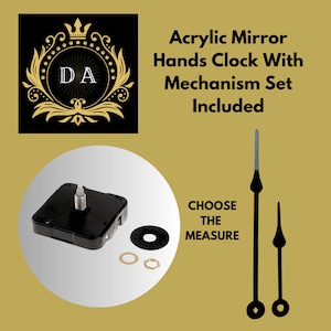 May include: Black clock hands with a silver tip and a black clock mechanism with a white dial. The mechanism is surrounded by a white circle and a black washer. There is a gold washer and a gold nut. The text "CHOOSE THE MEASURE" is visible in the image.