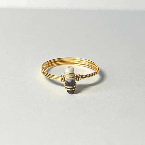 Sea Urchin Tentacle Gold Ring - made with a purple and white fossilized sea urchin tentacle