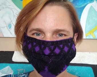 Washable Cloth Face Mask Black Lace over Purple
