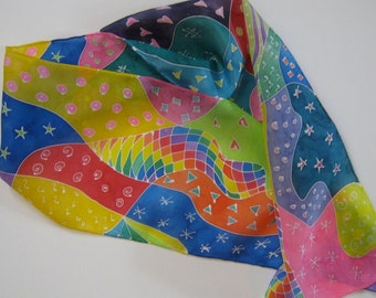 Rainbow Doodle Silk Scarf White Outlines