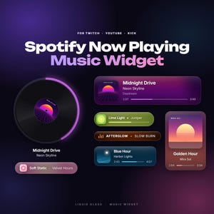 Puede incluir: Una interfaz digital Spotify Now Playing Music Widget que presenta un gráfico de disco de vinilo negro, múltiples barras de visualización de pistas rectangulares redondeadas con indicadores de progreso y títulos como Midnight Drive, Lime Light y Golden Hour.