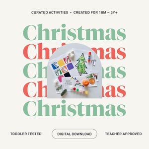 May include: A Christmas-themed digital download with curated activities for toddlers. The image features a Christmas tree drawing, colorful shapes, and the words "Merry & Bright." The background has the word "Christmas" repeated in green and red.