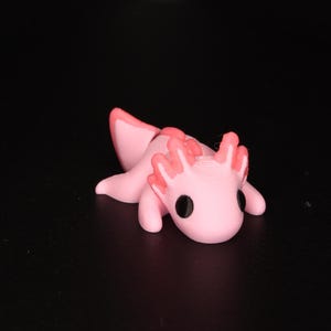 May include: A pink and red axolotl figurine with black eyes. The figurine is made of plastic and is about 2 inches long.