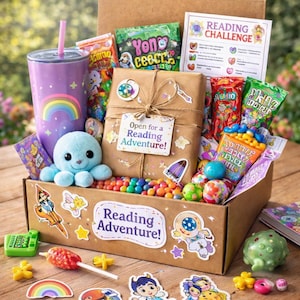 May include: A gift box labeled "Reading Adventure!" filled with a variety of treats and toys. Includes a purple tumbler with a rainbow, a plush octopus, wrapped gifts, candies, stickers, and a reading challenge card. The box is decorated with colorful stickers.
