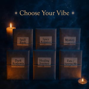 K&ouml;nnte beinhalten: Sechs Geschenkboxen mit Etiketten mit den Aufschriften "Spell Book", "Spicy Romance", "Mystery", "Dark Academia", "Healing Journey" und "Fate / Surprise Me". Der Text "Choose Your Vibe" steht dar&uuml;ber. Im Hintergrund brennen Kerzen.