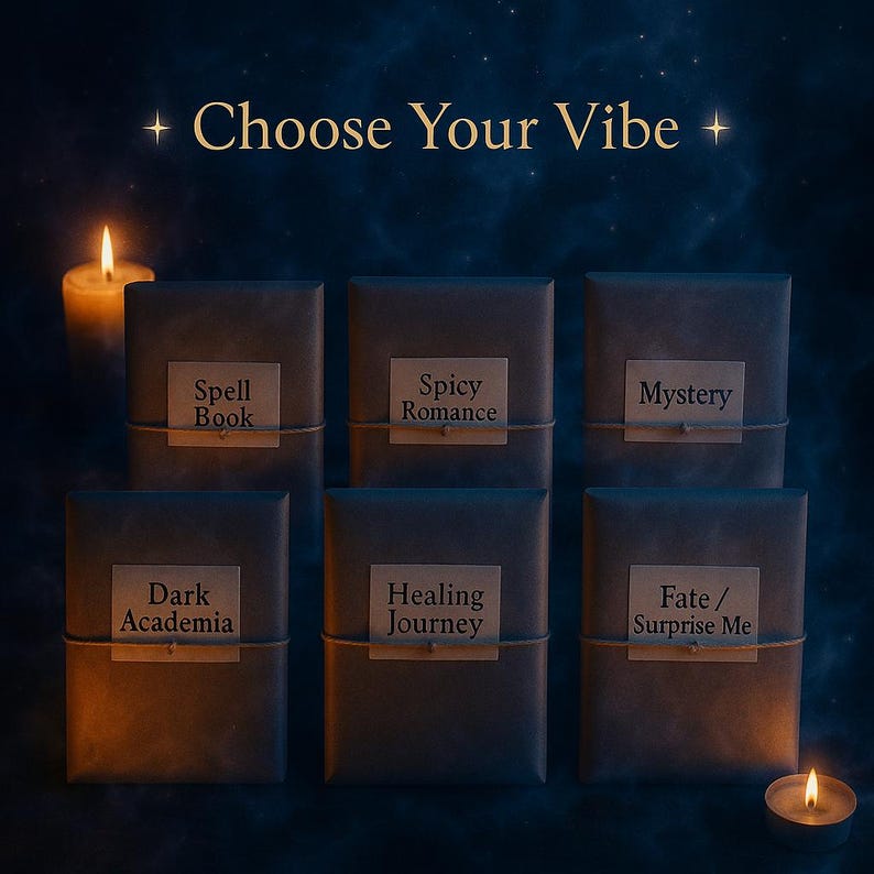 K&ouml;nnte beinhalten: Sechs Geschenkboxen mit Etiketten mit den Aufschriften "Spell Book", "Spicy Romance", "Mystery", "Dark Academia", "Healing Journey" und "Fate / Surprise Me". Der Text "Choose Your Vibe" steht dar&uuml;ber. Im Hintergrund brennen Kerzen.