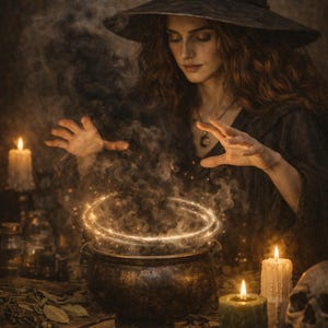 Op de afbeelding: Een mystieke sc&egrave;ne met een vrouw in een zwarte heksenhoed en jurk, die over een ketel tovert. Een gloeiende lichtring zweeft boven de ketel, met rook en kaarsen die een magische sfeer cre&euml;ren. Een schedel en een spreukenboek zijn ook zichtbaar.