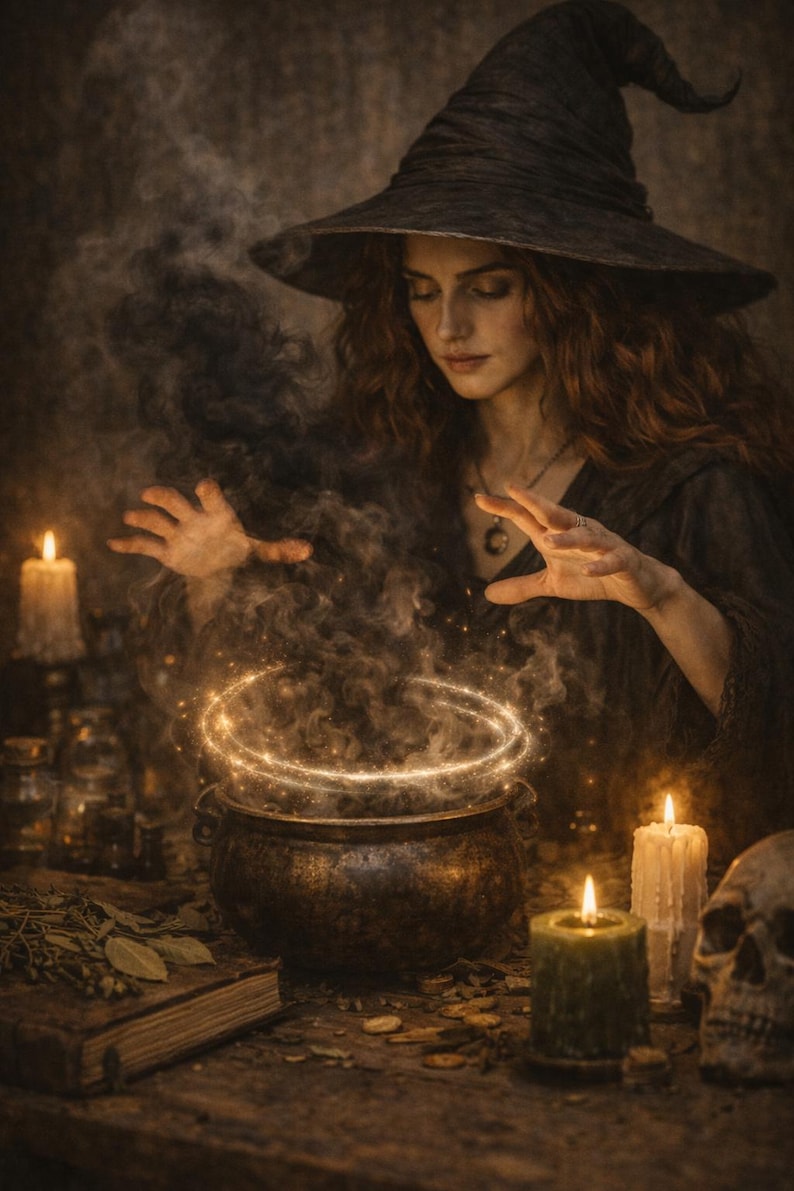 Op de afbeelding: Een mystieke sc&egrave;ne met een vrouw in een zwarte heksenhoed en jurk, die over een ketel tovert. Een gloeiende lichtring zweeft boven de ketel, met rook en kaarsen die een magische sfeer cre&euml;ren. Een schedel en een spreukenboek zijn ook zichtbaar.