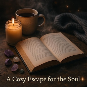 K&ouml;nnte beinhalten: Eine brennende Kerze, eine Kaffeetasse und ein offenes Buch liegen auf einer Holzoberfl&auml;che. Mehrere Kristalle sind in der N&auml;he des Buches verstreut. Der Text "A Cozy Escape for the Soul" ist zu sehen.