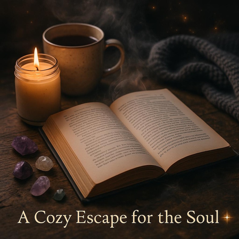K&ouml;nnte beinhalten: Eine brennende Kerze, eine Kaffeetasse und ein offenes Buch liegen auf einer Holzoberfl&auml;che. Mehrere Kristalle sind in der N&auml;he des Buches verstreut. Der Text "A Cozy Escape for the Soul" ist zu sehen.