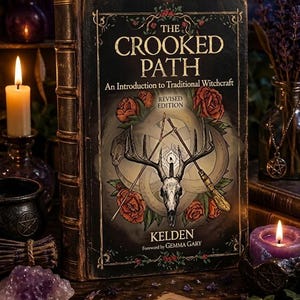 May include: A hardcover book titled "The Crooked Path: An Introduction to Traditional Witchcraft" with a deer skull and rose illustration. The book is surrounded by candles, crystals, and other mystical items, creating a witchy aesthetic.