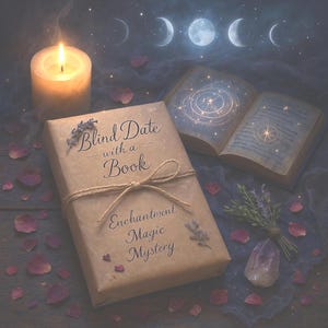 K&ouml;nnte beinhalten: Ein Stillleben mit einem verpackten Buch mit dem Text "Blind Date with a Book", das mit Bindfaden gebunden ist. Das Buch ist von einer brennenden Kerze, einem offenen Buch, Rosenbl&auml;ttern und einem Kristall umgeben. Die Worte "Enchantment Magic Mystery" sind ebenfalls sichtbar.