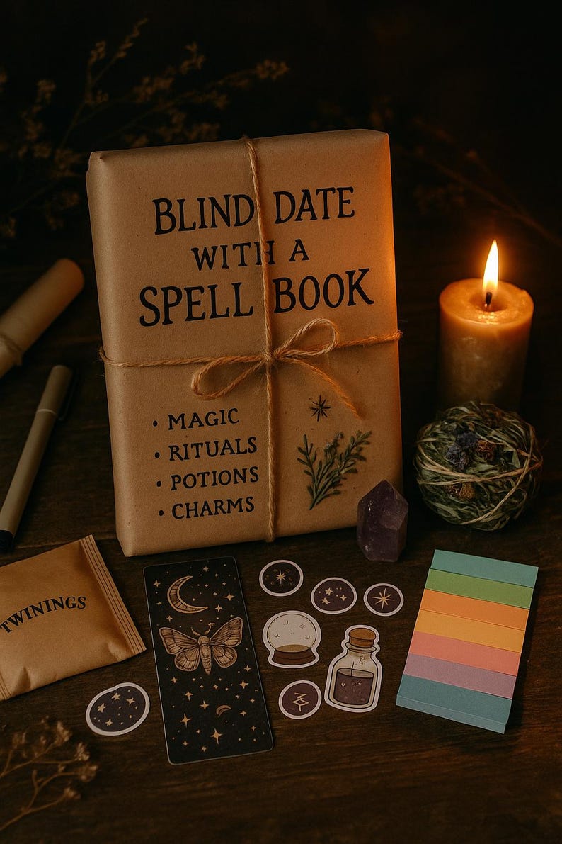 K&ouml;nnte beinhalten: Ein mit braunem Papier umwickeltes Buch mit dem Text "BLIND DATE WITH A SPELL BOOK" und den W&ouml;rtern "MAGIC, RITUALS, POTIONS, CHARMS". Eine brennende Kerze, Aufkleber und andere mystische Gegenst&auml;nde sind darum angeordnet.