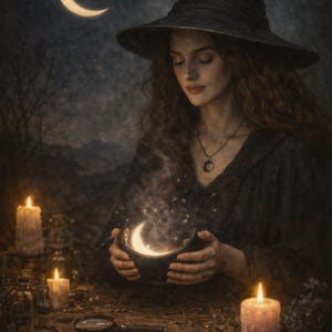 May include: A mystical scene featuring a woman in a black witch hat and dress, holding a bowl with a glowing crescent moon and stars. Lit candles and a magnifying glass sit on a wooden table, with a crescent moon in the night sky.
