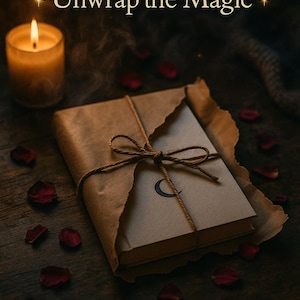 K&ouml;nnte beinhalten: Ein Buch, das in braunes Papier mit Bindfaden gewickelt ist, mit einem Halbmondsymbol. Eine brennende Kerze und verstreute Rosenbl&auml;tter im Hintergrund. Text lautet "Unwrap the Magic" und "The story meant for you is waiting."