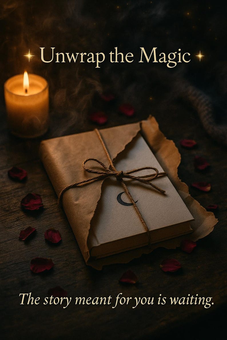 K&ouml;nnte beinhalten: Ein Buch, das in braunes Papier mit Bindfaden gewickelt ist, mit einem Halbmondsymbol. Eine brennende Kerze und verstreute Rosenbl&auml;tter im Hintergrund. Text lautet "Unwrap the Magic" und "The story meant for you is waiting."