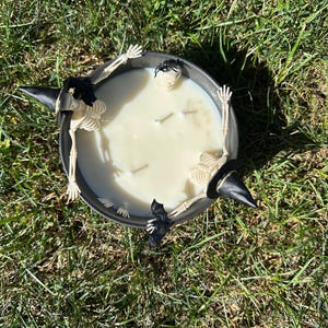 Witchy Cauldron Candle: Halloween Decor with Skeletons, Bat & Spider - Soy Wax