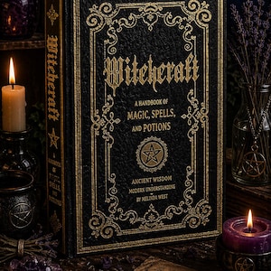 Op de afbeelding: Een zwart boek getiteld "Witchcraft" met gouden letters en sierlijke ontwerpen. Het boek, een handboek voor magie, spreuken en drankjes, is omgeven door kaarsen, kristallen en een vintage-achtige rol. De rug van het boek bevat ook het woord "Witchcraft".