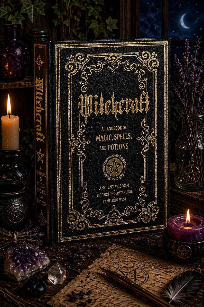 Op de afbeelding: Een zwart boek getiteld "Witchcraft" met gouden letters en sierlijke ontwerpen. Het boek, een handboek voor magie, spreuken en drankjes, is omgeven door kaarsen, kristallen en een vintage-achtige rol. De rug van het boek bevat ook het woord "Witchcraft".