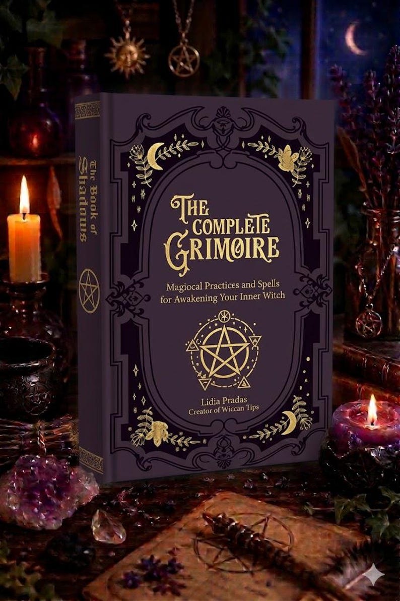 K&ouml;nnte beinhalten: Ein dunkelviolettes Hardcover-Buch mit dem Titel "The Complete Grimoire" mit goldener Schrift und einem Pentagramm-Design. Der Buchr&uuml;cken tr&auml;gt die Aufschrift "The Book of Shadows". Das Buch ist von Kerzen und Kristallen umgeben. Das Buch ist f&uuml;r magische Praktiken.