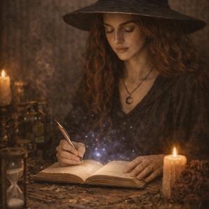 Op de afbeelding: Een persoon met een zwarte heksenhoed en jurk schrijft met een ganzenveer in een open boek. De scène wordt verlicht door kaarslicht, met een zandloper en andere mystieke items op de houten tafel. Fantasiethema.