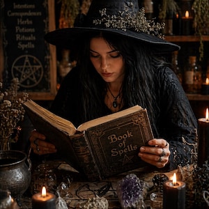 K&ouml;nnte beinhalten: Eine Person in einem schwarzen Hexenhut und Kleid liest ein Buch mit dem Titel "Book of Spells". Die Szene ist mit Kerzen, Kristallen und einem Schild mit der Aufschrift "Magick" ausgestattet.