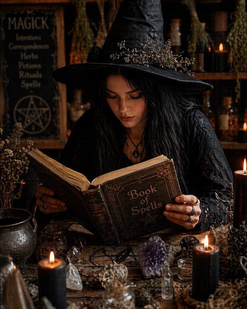 K&ouml;nnte beinhalten: Eine Person in einem schwarzen Hexenhut und Kleid liest ein Buch mit dem Titel "Book of Spells". Die Szene ist mit Kerzen, Kristallen und einem Schild mit der Aufschrift "Magick" ausgestattet.
