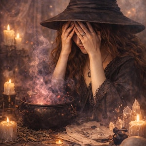 May include: A woman in a dark dress and witch hat with hands covering her face, surrounded by candles, a bubbling cauldron, crystals, and a skull. The scene evokes a mystical, gothic atmosphere, with a focus on spellcasting and potion-making.