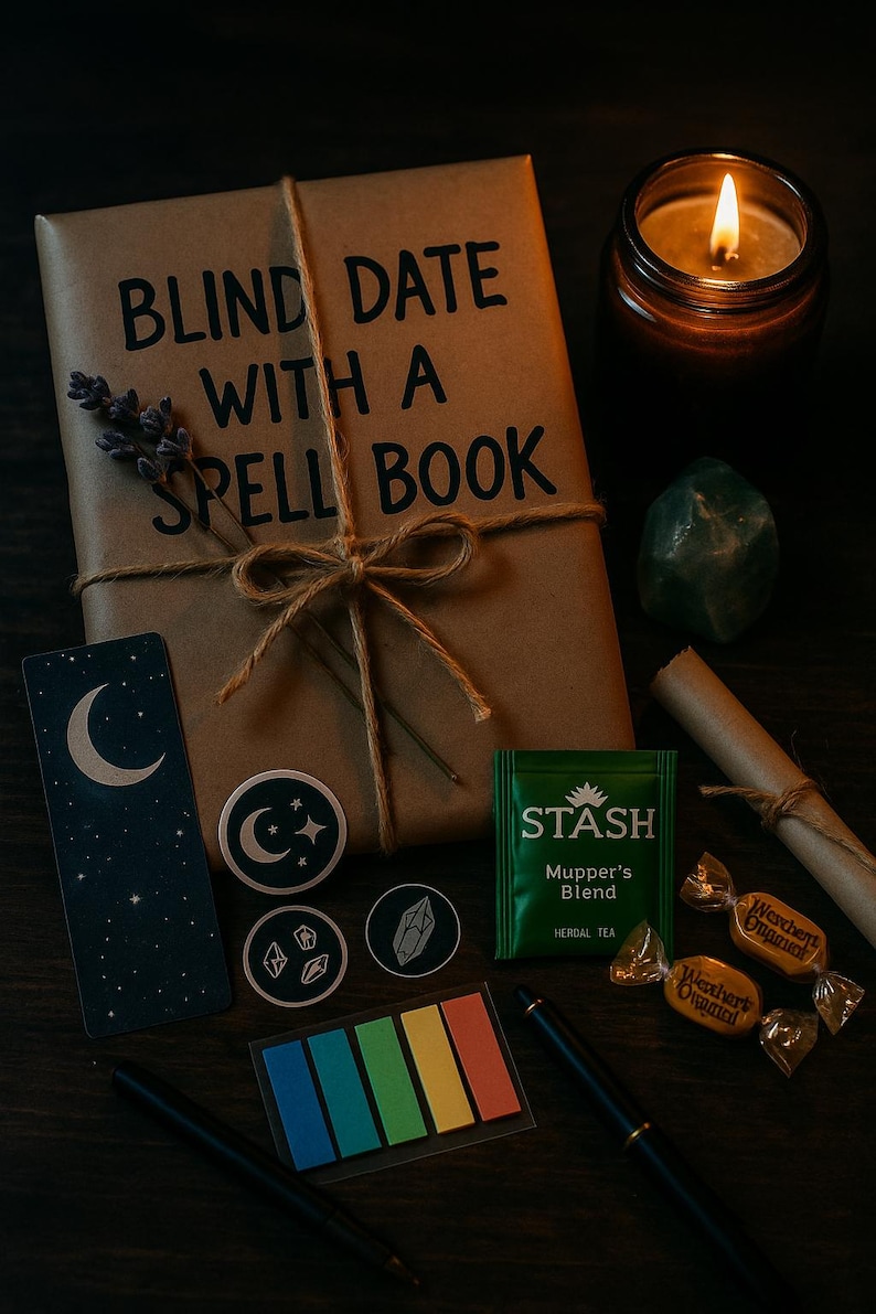 K&ouml;nnte beinhalten: Eine Anordnung auf dunklem Untergrund mit einem verpackten Buch mit der Aufschrift "BLIND DATE WITH A SPELL BOOK", einer brennenden Kerze, Aufklebern, Tee und S&uuml;&szlig;igkeiten. Die Szene erzeugt eine mystische Atmosph&auml;re.
