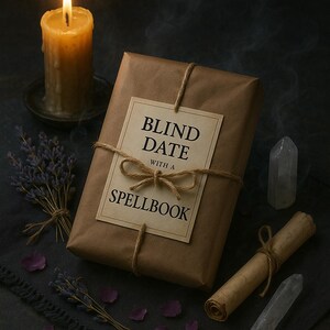 K&ouml;nnte beinhalten: Eine brennende Kerze neben einem verpackten Paket mit der Aufschrift "Blind Date with a Spellbook". Das Paket ist mit Bindfaden verschn&uuml;rt, und ein Lavendelstrau&szlig; und Kristalle befinden sich in der N&auml;he. Die Szene hat ein mystisches, hexenhaftes Thema.