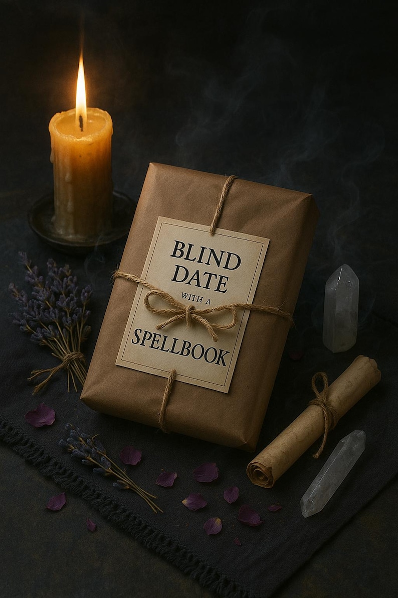 K&ouml;nnte beinhalten: Eine brennende Kerze neben einem verpackten Paket mit der Aufschrift "Blind Date with a Spellbook". Das Paket ist mit Bindfaden verschn&uuml;rt, und ein Lavendelstrau&szlig; und Kristalle befinden sich in der N&auml;he. Die Szene hat ein mystisches, hexenhaftes Thema.