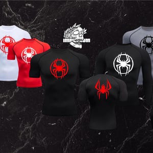 Tuta Miles Spider Man, maglietta a compressione con logo Spider davanti e dietro, poliestere morbido e traspirante per palestra, 15 varianti diverse