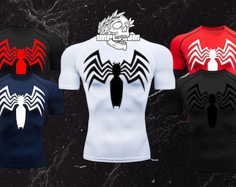 Spider man, t-shirt a compressione frontale Comic Black Suit Spider Logo Design, poliestere morbido e traspirante e spandex per palestra