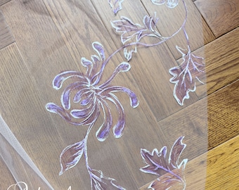 Hand-Painted Floral Wedding Veil: Purple Violet Flower, Cathedral Length