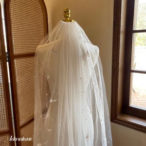 May include: A sheer white bridal veil with delicate star and feather accents. The veil is draped over a mannequin with a gold-colored headpiece. The veil is long and flowing, creating a romantic and ethereal look.