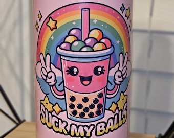 Suck my balls boba tea can glass with lid and straw, funny Can Glass- Christmas, Cruise, Birthday gift for mom, sister, wife, tea lover
