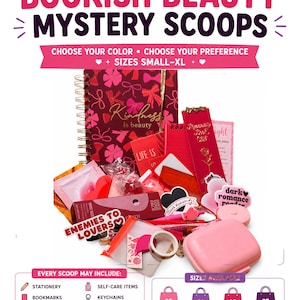 May include: A collection of stationery and lifestyle items labeled Bookish Beauty Mystery Scoops, including a spiral-bound notebook with a bow pattern, bookmarks, stickers with text like Enemies to Lovers and Dark Romance, a pink case, and pens.