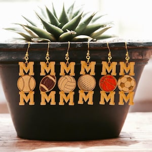 Sports Mom earrings | wooden, hand-painted, laser-cut, laser-engraved | Baseball, Football, Volleyball, Golf, Basketball, Soccer
