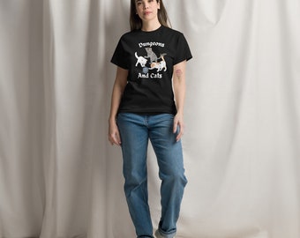 Dungeons and Cats t-shirt perfect for any Dungeons and dragons player who loves cats.  Show your DND gamer some love with these t shirts.