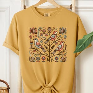 Cottagecore Birds and Flowers Shirt, Folk Art Scandi Art T Shirt, Gift For Bird Lover Tshirt, Bird Birdwatchers Gift, Floral Shirt for Her