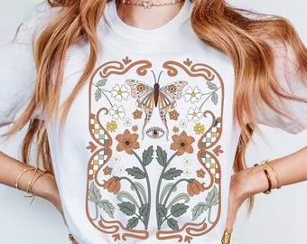 Boho Butterfly Shirt, Retro 70s Flower Tee, Mystical Eye Graphic T-Shirt, Aesthetic Hippie Shirt, Nature Spiritual Art, Comfort Colors Shirt