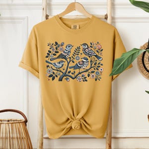 Cottagecore Birds and Flowers Shirt, Folk Art Scandi Art T Shirt, Gift For Bird Lover Tshirt, Bird Birdwatchers Gift, Floral Shirt for Her