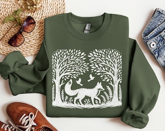 Woodland Fox Sweatshirt, Forestcore Cottagecore Crewneck, Vintage Nature Sweater, Folklore Animal Sweater, Forest Crewneck,Aesthetic Sweater