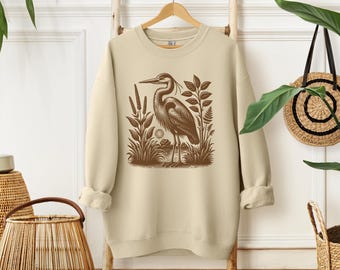 Great Blue Heron Bird Lover Sweatshirt, Vintage Folk Art Avian Gift, Cute Bird Nerd Shirt, Hippy Granola Girl Fashion Bird lover gift