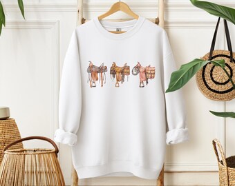 Western Saddle Sweatshirt, Vintage Cowboy Ranch Crewneck, Equestrian Country Style Pullover, Horse Riding Lover Gift, Rodeo Saddle Sweater