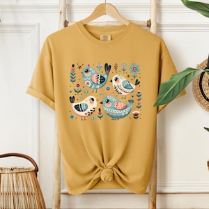 Cottagecore Birds and Flowers Shirt, Folk Art Scandi Art T Shirt, Gift For Bird Lover Tshirt, Bird Birdwatchers Gift, Floral Shirt for Her