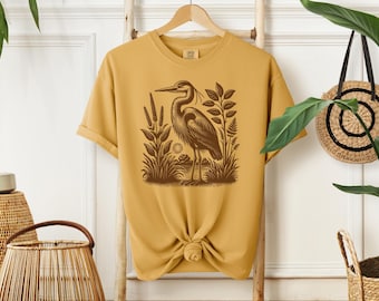 Great Blue Heron Bird Lover Shirt, Vintage Folk Art Avian Gift, Cute Bird Nerd Shirt,Hippy Granola Girl Fashion Bird lover gift